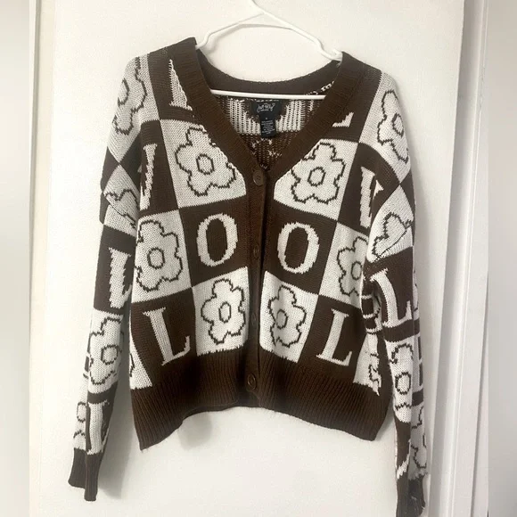 Macy Just Polly Brown and White Button Up Knit Cardigan Small - Picture 2 of 6